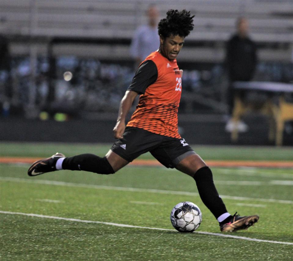 Ryle junior Chris Maraduaga (28) unleashes a pass during Ryle's 3-0 win over HIghlands in KHSAA boys soccer Sept. 7, 2023 at Ryle High School, Union, Ky.