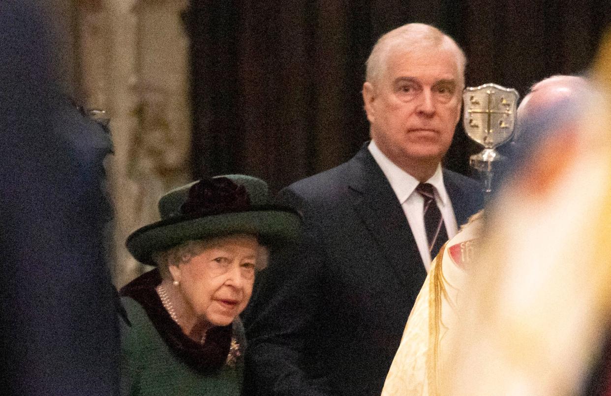 Britain's Isabel II (L) and her son Britain's Prince Andrew, Duke of York, attend a Service of Thanksgiving for Britain's Prince Philip, Duke of Edinburgh, at Westminster Abbey in central London on March 29, 2022. - A thanksgiving service will take place on Tuesday for Queen Elizabeth II's late husband, Prince Philip, nearly a year after his death and funeral held under coronavirus restrictions. Philip, who was married to the queen for 73 years, died on April 9 last year aged 99, following a month-long stay in hospital with a heart complaint. (Photo by RICHARD POHLE / POOL / AFP) (Photo by RICHARD POHLE/POOL/AFP via Getty Images)