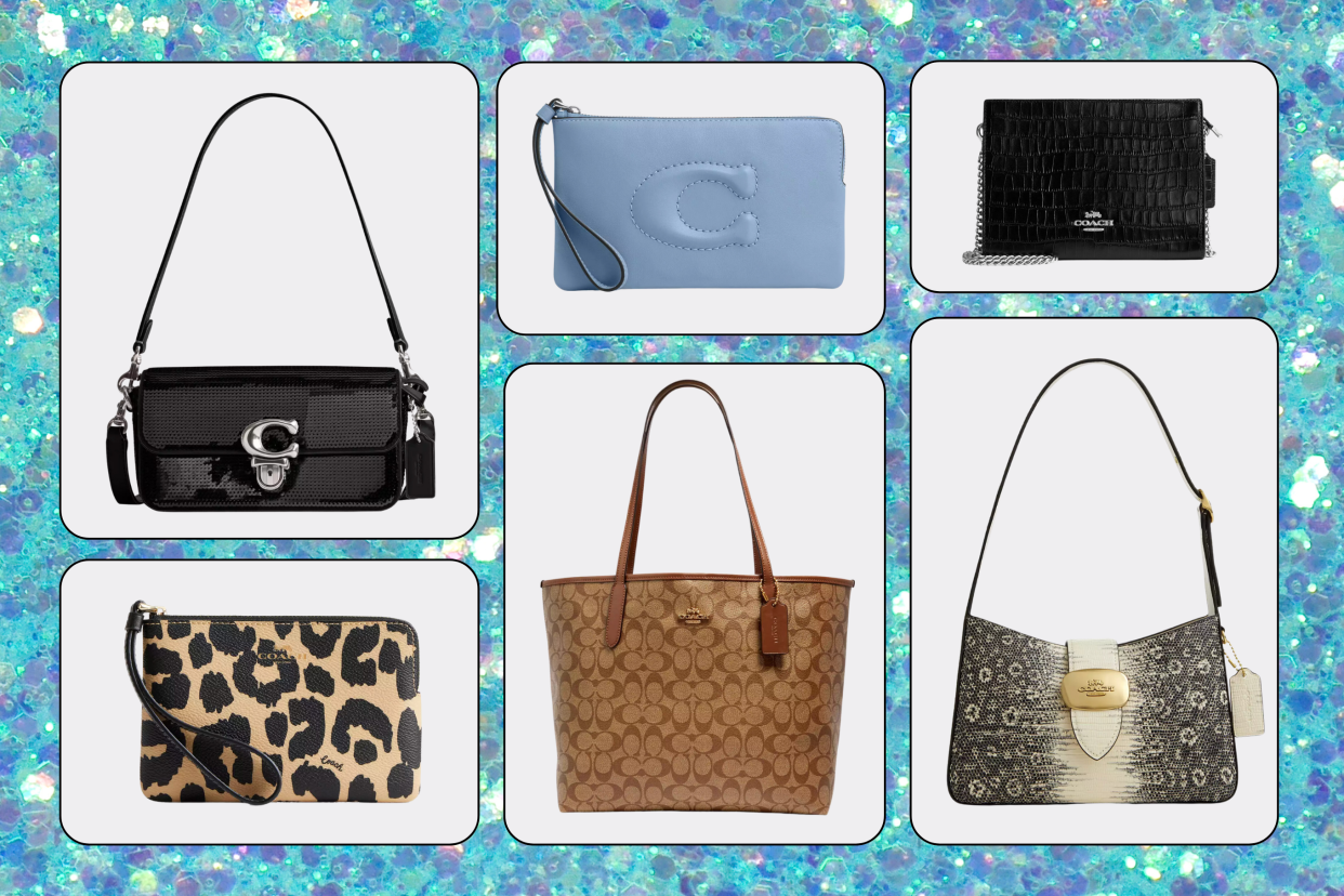 collage of coach bags on sale for labour day on blue glitter background