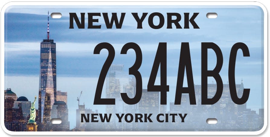 New York is revealing 10 regional license plates over the course of June 2023. Pictured here is the New York City license plate, featuring One World Trade Center and the new York City skyline.