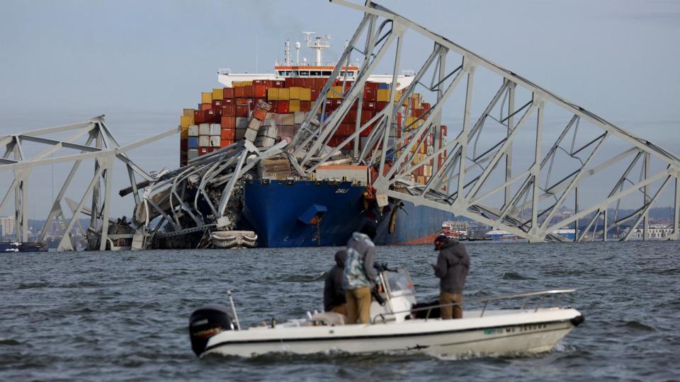 PHOTO: A view of the Dali cargo vessel which crashed into the Francis Scott Key Bridge causing it to collapse in Baltimore, March 26, 2024.   (Julia Nikhinson/Reuters)