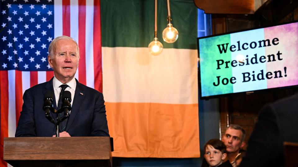 President Joe Biden delivers a speech at the Windsor Bar in Dundalk, on April 12, 2023.