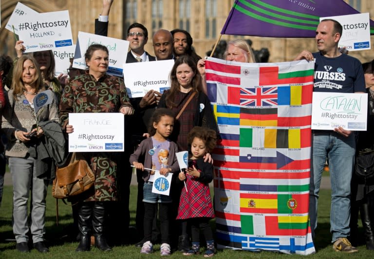 European workers including nurses, social workers and teaching assistants demonstrate outside the Houses of Parliament in London on February 20, 2017, before lobbying members of Parliament over their right to remain in the UK