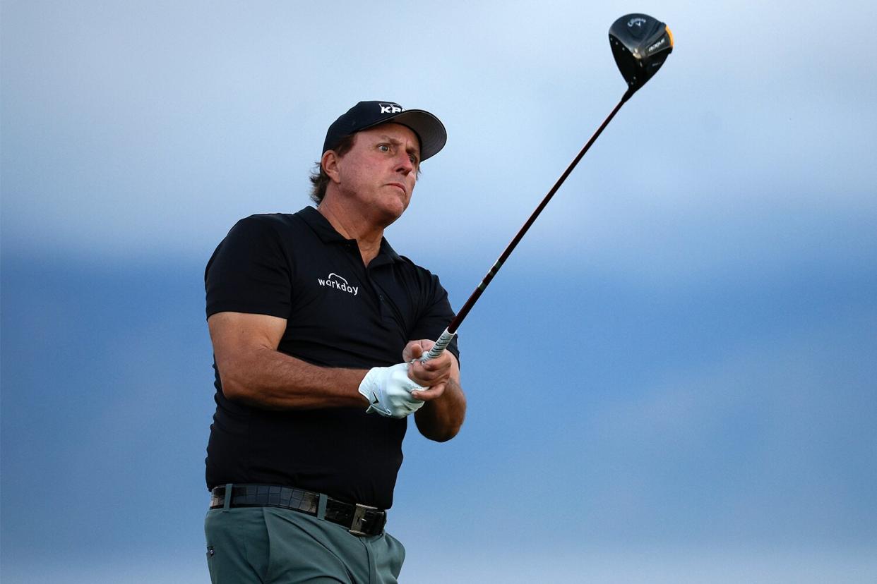 Phil Mickelson of the United States watches his shot from the tenth tee during the Pro-Am prior to the Sentry Tournament of Champions at the Plantation Course at Kapalua Golf Club on January 05, 2022