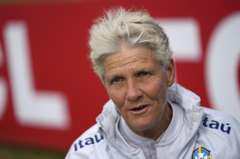 Head coach of the Brazilian women's soccer team, Pia Sundhage, gives an interview at the Granja Comary training center, as she prepares her team for the FIFA Women's World Cup tournament in Teresopolis, Brazil, Friday, June 23, 2023. (AP Photo/Silvia Izquierdo)