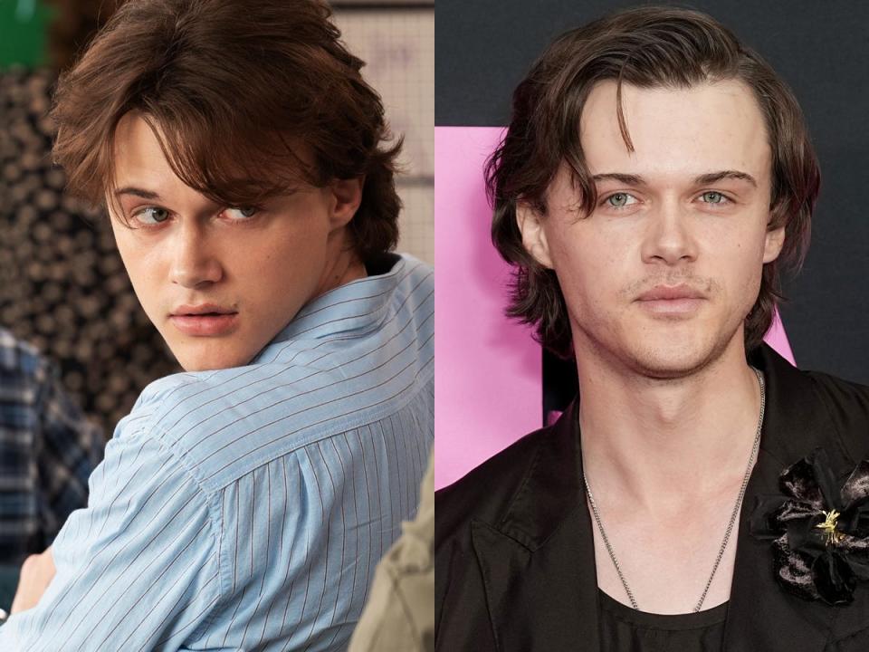 Left: Christopher Briney as Aaron Samuels in the 2024 version of "Mean Girls." Right: Briney at the NYC premiere of "Mean Girls" on January 8, 2024.