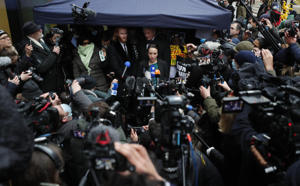 Stella Moris girlfriend of Julian Assange speaks to the media after a ruling that he cannot be extradited to the United States, outside the Old Bailey in London, Monday, Jan. 4, 2021. A British judge has rejected the United States' request to extradite WikiLeaks founder Julian Assange to face espionage charges, saying it would be "oppressive" because of his mental health. District Judge Vanessa Baraitser said Assange was likely to commit suicide if sent to the U.S. The U.S. government said it would appeal the decision.(AP Photo/Frank Augstein)