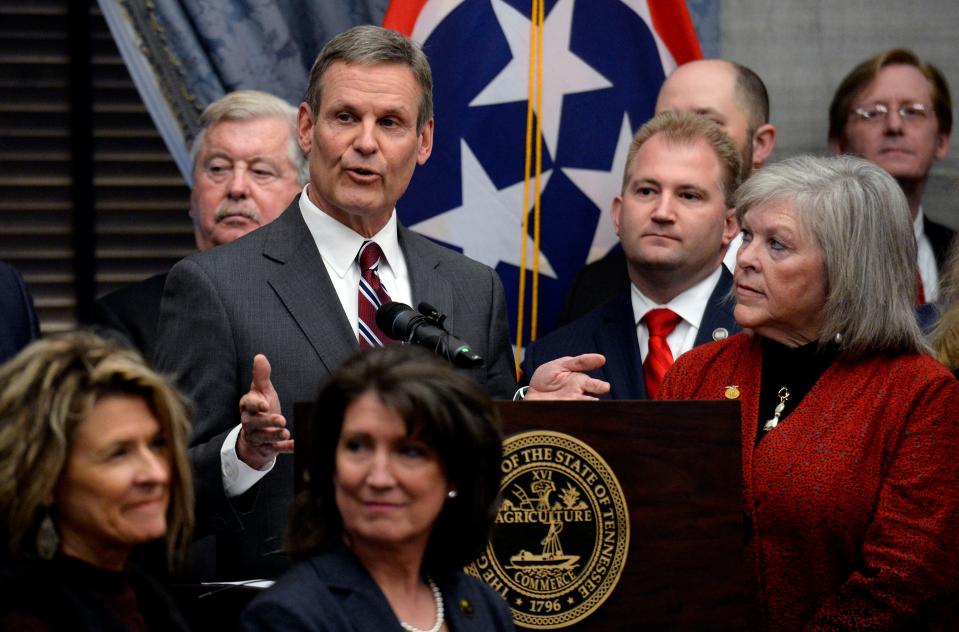 Gov. Bill Lee, announces plans to introduce legislation that would make Tennessee the latest state to allow residents to carry guns without obtaining a permit during a press conference on Thursday, Feb. 27, 2020 in Nashville, Tenn.