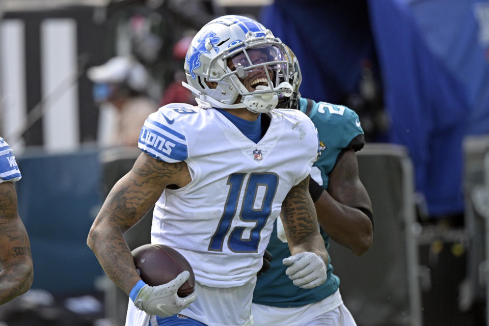 Detroit Lions wide receiver Kenny Golladay (19) celebrates a reception against the Jacksonville Jaguars during the second half of an NFL football game, Sunday, Oct. 18, 2020, in Jacksonville, Fla. (AP Photo/Phelan M. Ebenhack)