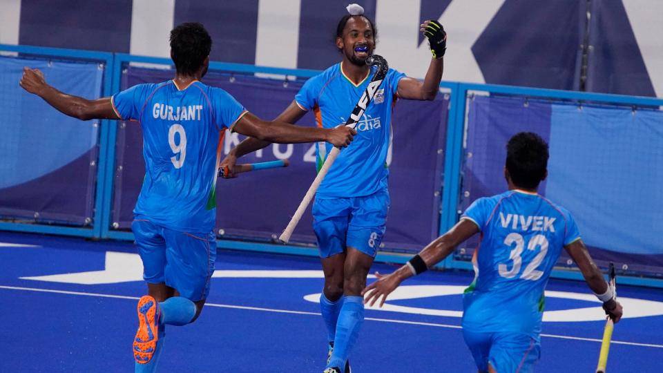 <div class="paragraphs"><p>Indian men's hockey team celebrate the QF win against GB at Tokyo Olympics. </p></div>