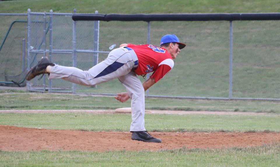 Cambridge Post 84's Roman Gallitz follows through with a pitch during Friday's 8-0 victory over Zanesville Post 129 in action in the 30th annual Don Coss Invitational tournament at Don Coss Stadium. Gallitz tossed a five-inning perfect game to earn the win. Allowing no runs, no hits and no runner to reach base in the game.