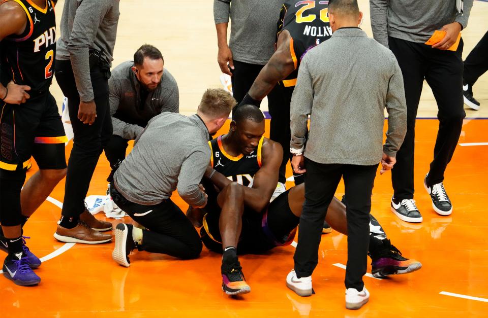 Apr 25, 2023; Phoenix, AZ, USA; Phoenix Suns center Bismack Biyombo (18) reacts after being fouled by LA Clippers guard Russell Westbrook (0) in the second half at Footprint Center. Mandatory Credit: Rob Schumacher-Arizona Republic