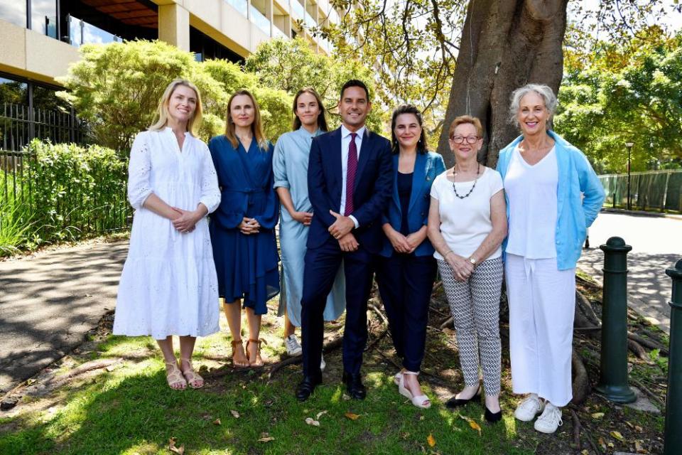 Independents standing outside NSW parliament. Karen Freyer (Valcluse), Joeline Hackman (Manly), Jacqui Scruby (Pittwater), the member for Sydney, Alex Greenwich, Victoria Davidson (Lane Cove), Helen Conway (North Shore), and Elizabeth Farrelly (Legislative council).