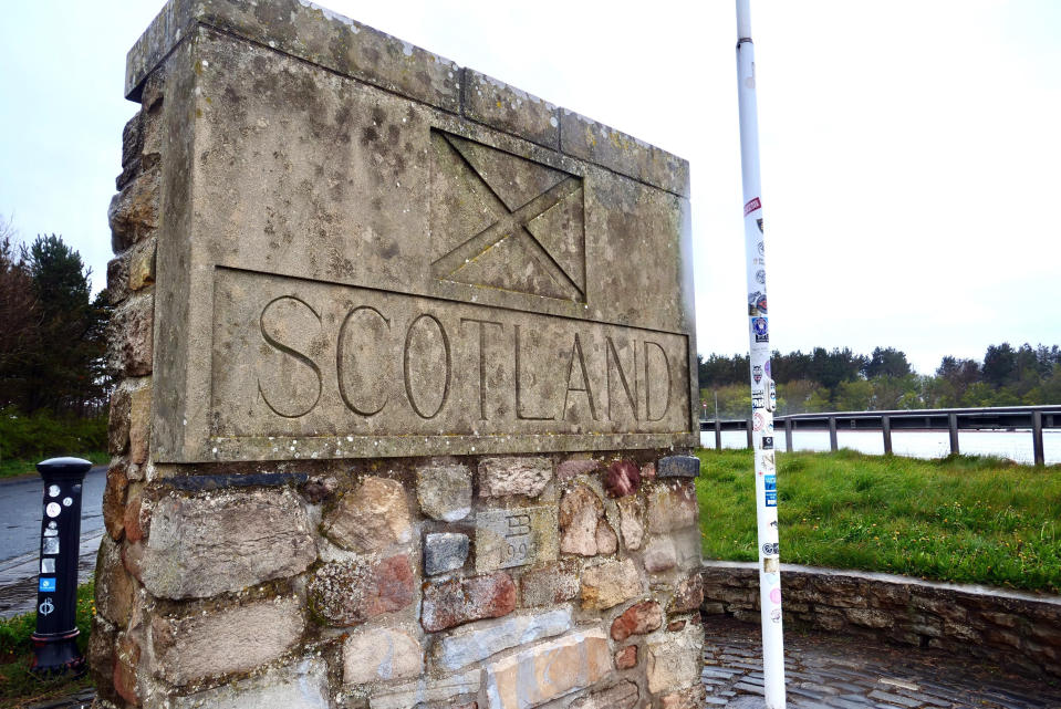 The Scottish side of the border between Scotland and England at Berwick-Upon-Tweed, Scotland, Tuesday, May 4, 2021. Scotland holds an election Thursday that could hasten the breakup of the United Kingdom. The pro-independence Scottish National Party is leading in the polls and a big victory will give it the the moral right and the political momentum to hold a referendum on whether Scotland should end its three-century union with England. But many voters, even if they support independence, are cautious. (AP Photo/Renee Graham)