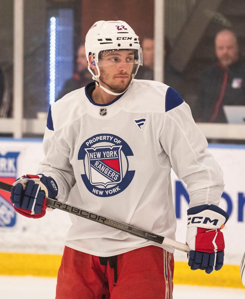 Jonny Brodzinski skates during the first day of the New York Rangers training camp at their practice facility in Greenburgh, N.Y. Sept. 19, 2024.