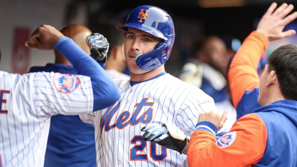 Apr 8, 2023; New York City, New York, USA; New York Mets first baseman Pete Alonso (20) celebrates with his teammates after hitting a two run home run in the fifth inning against the Miami Marlins at Citi Field.