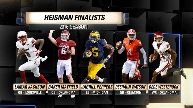 Lamar Jackson, Baker Mayfield, Jabrill Peppers, Deshaun Watson and Dede Westbrook will all be in New York for the Heisman ceremony Saturday. (Photo credit: CBS)