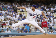Los Angeles Dodgers starting pitcher Clayton Kershaw throws to the plate during the first inning of a baseball game against the Philadelphia Phillies Wednesday, June 16, 2021, in Los Angeles. (AP Photo/Mark J. Terrill)