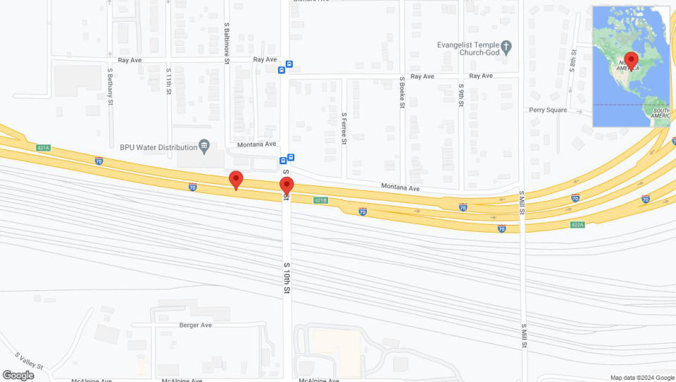 A detailed map that shows the affected road due to 'Broken down vehicle on eastbound I-70 in Kansas City' on July 18th at 4:13 p.m.