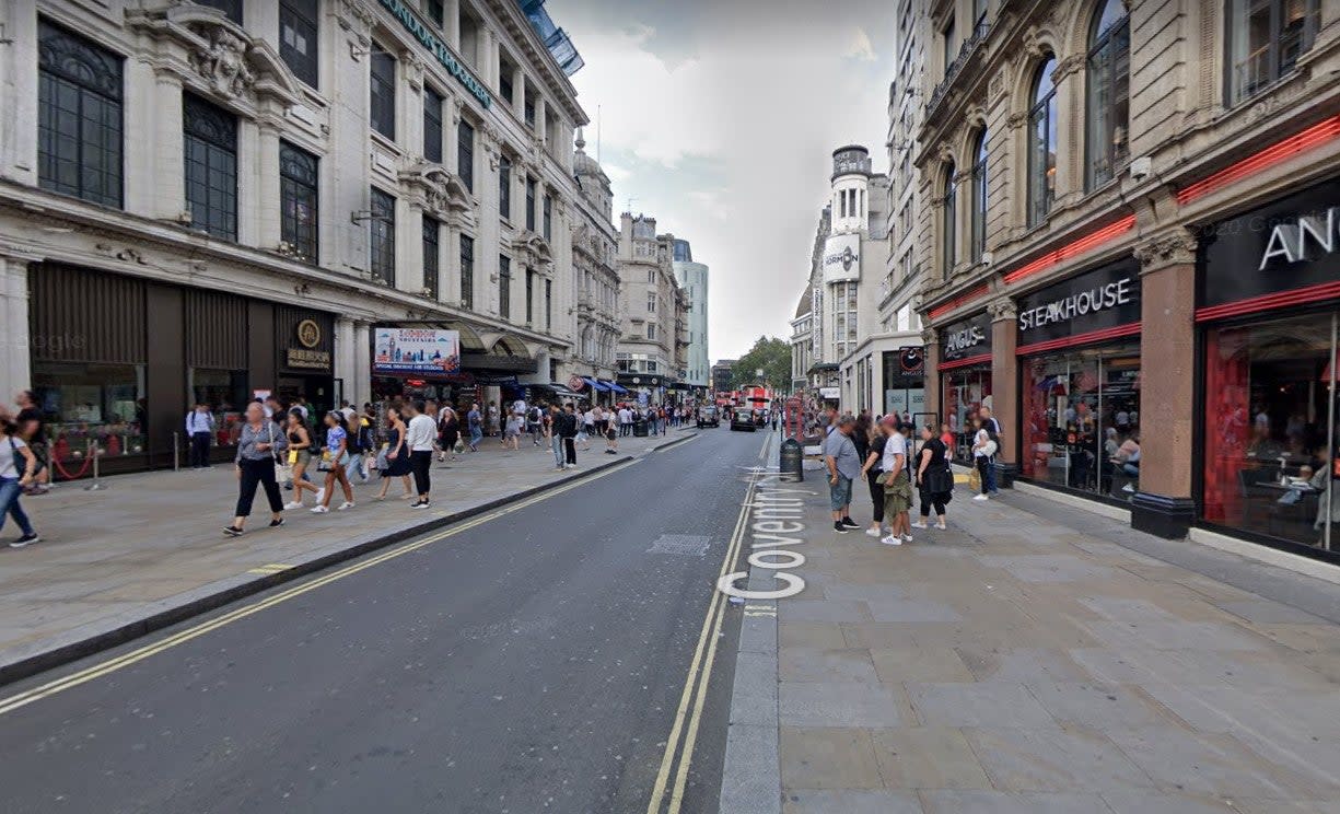 <p>The attack took place in Coventry Street in the West End of London</p> (Google)