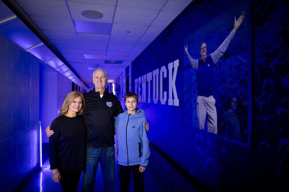 Jim Master, center, his wife, Sheila, and their son, Leo, were at Rupp Arena last weekend to take part in a reunion for Kentucky’s 1984 Final Four team. Chet White/UK Athletics