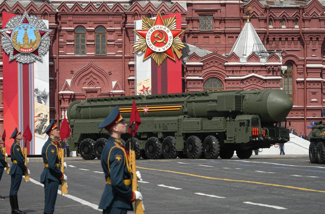 A ballistic missile rolls in Red Square during a rehearsal for the Victory Day military parade in Moscow on May 7. The Kremlin often uses the occasion to showcase its military and nuclear might. (Alexander Zemlianichenko / AP file)