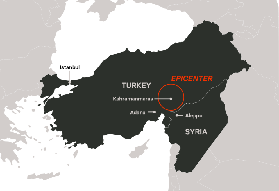 a map of turkey and syria with the earthquake epicenter circled in red