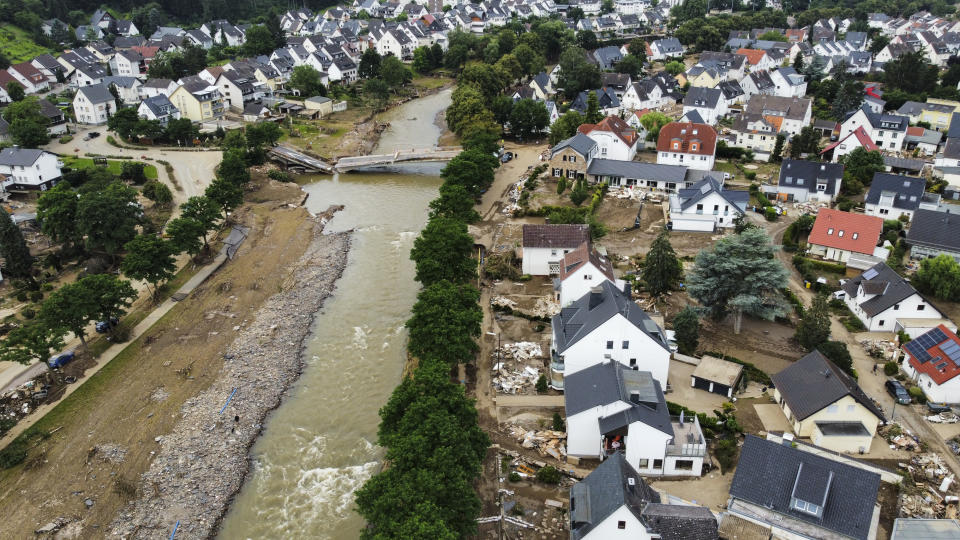 AHRWEILER, GERMANY - JULY 19: An aerial view of the damage after severe rainstorm and flash floods hit western states of Rhineland-Palatinate and North Rhine-Westphalia in Ahrweiler, Germany on July 19, 2021. The death toll rises to 164 after the floods in west of Germany Rhineland-Palatinate and North Rhine-Westphalia. (Photo by Abdulhamid Hosbas/Anadolu Agency via Getty Images)