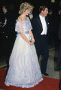 <p>In what would later become one of her most iconic looks to date, Princess Diana donned a ruffled cold-shoulder dress at the Royal Variety Performance in London in 1984. <em>[Photo: Getty]</em> </p>