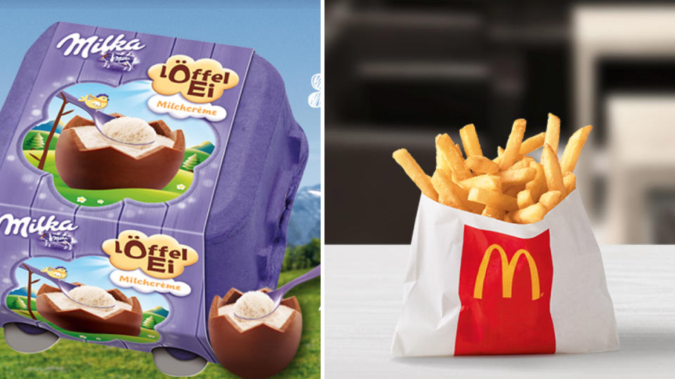 <p>Ein Löffel-Ei der Marke Milka wiegt nur 34 Gramm, aber der Fettgehalt ist mit 12,4 Gramm fast genauso hoch wie bei einer kleinen Portion Pommes von McDonald’s. Diese enthalten durchschnittlich 11 Gramm Fett. (Bilder: Milka/McDonald’s) </p>