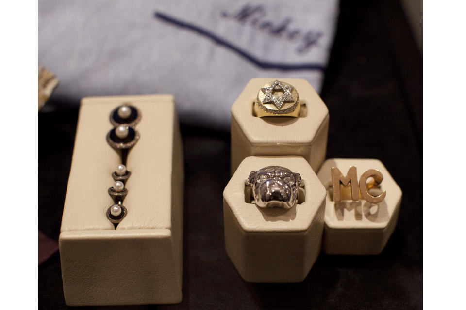 FILE - Jewelry that once belonged to mobster Mickey Cohen is shown on display at the Mob Experience at the Tropicana Hotel and Casino, Monday, March 28, 2011, in Las Vegas. (AP Photo/Julie Jacobson, File)