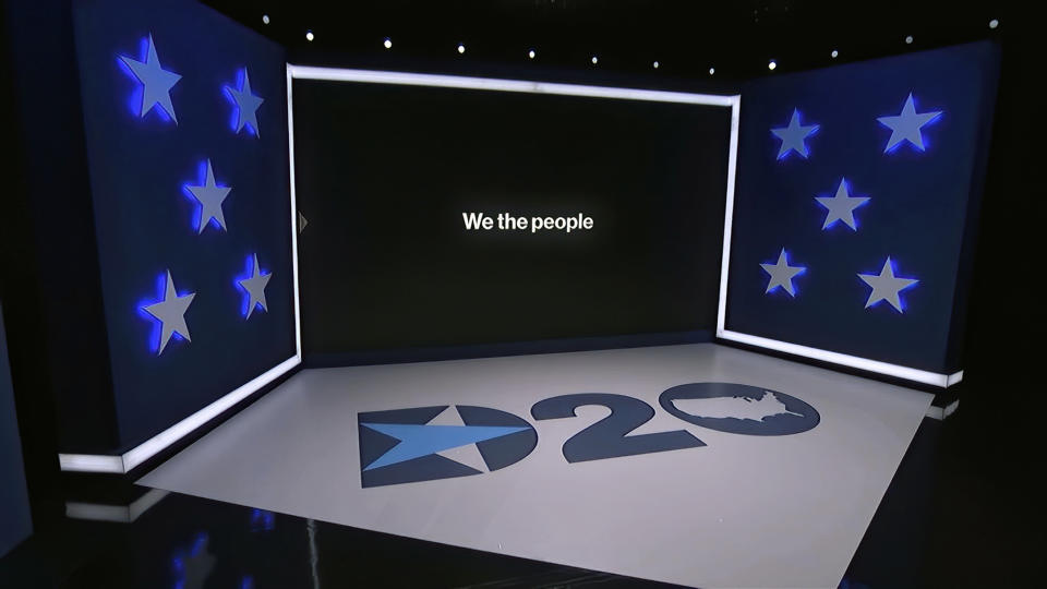 In this image from video, the set in Los Angeles during the first night of the Democratic National Convention on Monday, Aug. 17, 2020. (Democratic National Convention via AP)