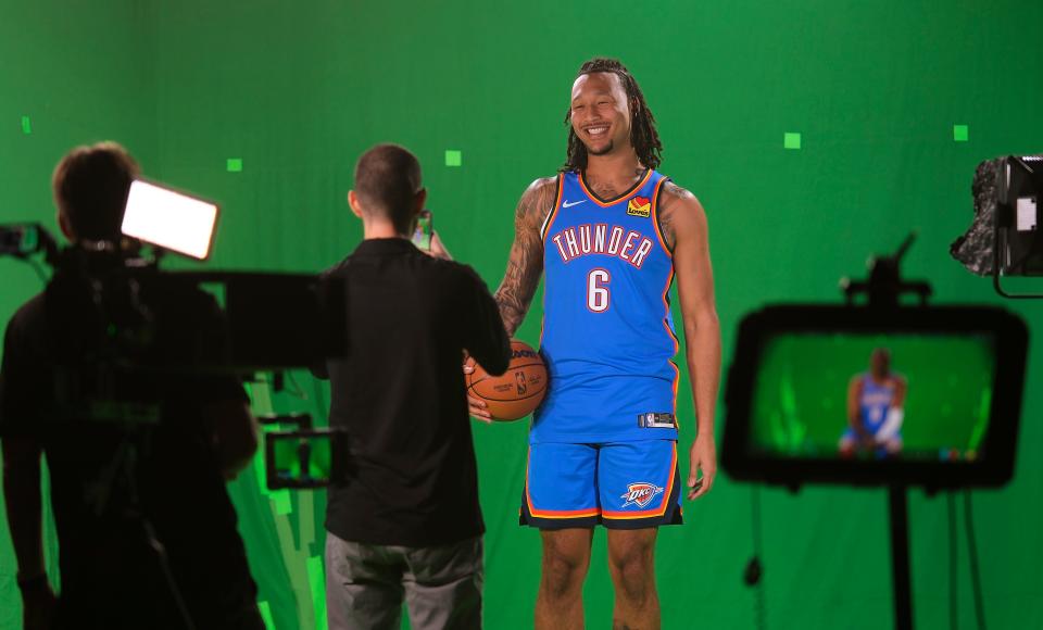 Jaylin Williams (6) at a station at Thunder Media Day, held in the Oklahoma City Convention Center on Monday, Oct. 2, 2023.