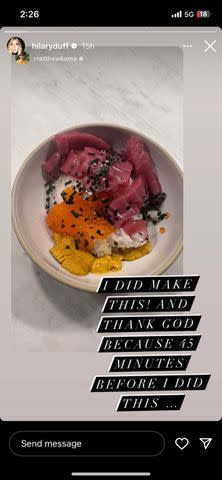 <p> Hillary Duff/Instagram</p> Hilary Duff sushi bowl with ikura, uni and toro