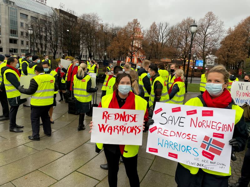 Norwegian Air crew staff demonstrate in front of the Norwegian Parliament in Oslo