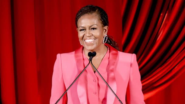 PHOTO: Former First Lady Michelle Obama speaks onstage at the Clooney Foundation For Justice Inaugural Albie Awards at New York Public Library in New York, Sept. 29, 2022. (Dimitrios Kambouris/Getty Images, FILE)