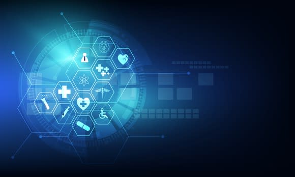 Hexagonal shapes with healthcare icons on them