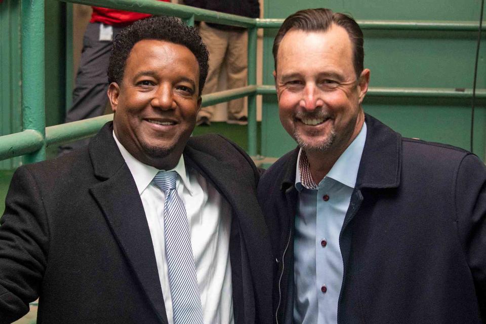 <p>Billie Weiss/Boston Red Sox/Getty</p> Pedro Martinez and Tim Wakefield on Oct. 23, 2018