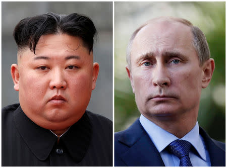 A combination of file photos shows North Korean leader Kim Jong Un attending a wreath laying ceremony at Ho Chi Minh Mausoleum in Hanoi, Vietnam March 2, 2019 and Russia's President Vladimir Putin looking on during a joint news conference with South African President Jacob Zuma after their meeting at the Bocharov Ruchei residence in the Black Sea resort of Sochi, Krasnodar region, Russia, May 16, 2013. REUTERS/Jorge Silva/Pool/Maxim Shipenkov/Pool