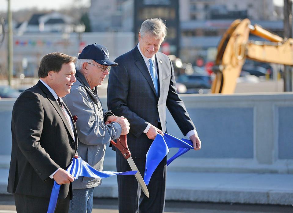 From left, Mayor Tom Koch, USAF General Ronald Rand and Gov. Charlie Baker in Quincy Thursday, Jan. 13, 2022.