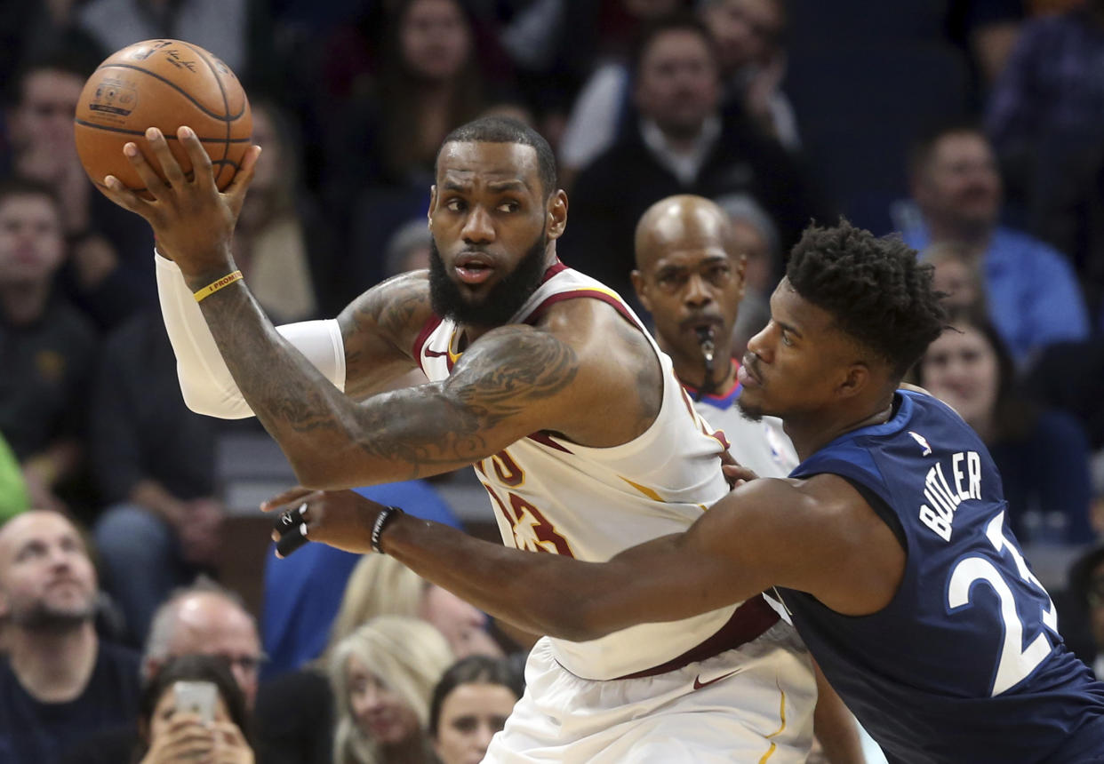 LeBron James got a nice first-half block, but not much else in a loss at Minnesota on Monday. (AP)