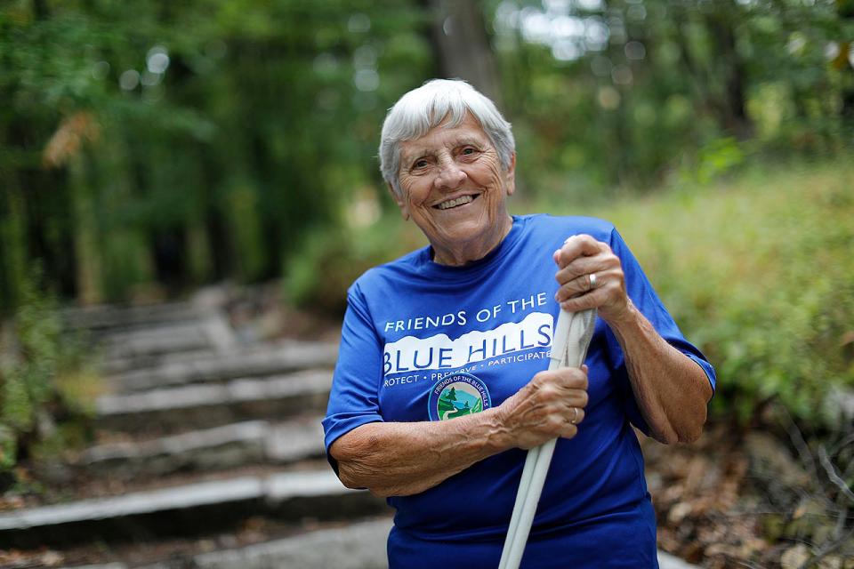 Eighty-six-year-old Loraine Sumner, of Milton, who has walked all 125 miles of trails in the Blue Hill Reservation, leads two walking groups for the senior center.
