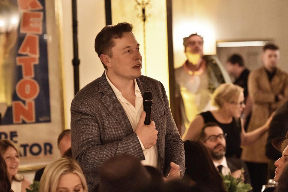 Elon Musk speaks at a 2016 charity dinner in Beverly Hills, Calif.
