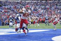 Kansas City Chiefs tight end Travis Kelce (87) makes a touchdown reception during the first half of an NFL football game against the Indianapolis Colts, Sunday, Sept. 25, 2022, in Indianapolis. (AP Photo/AJ Mast)