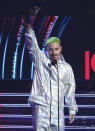 J Balvin accepts the award for best urban music album for "Vibras" at the Latin Grammy Awards on Thursday, Nov. 15, 2018, at the MGM Grand Garden Arena in Las Vegas. (Photo by Chris Pizzello/Invision/AP)