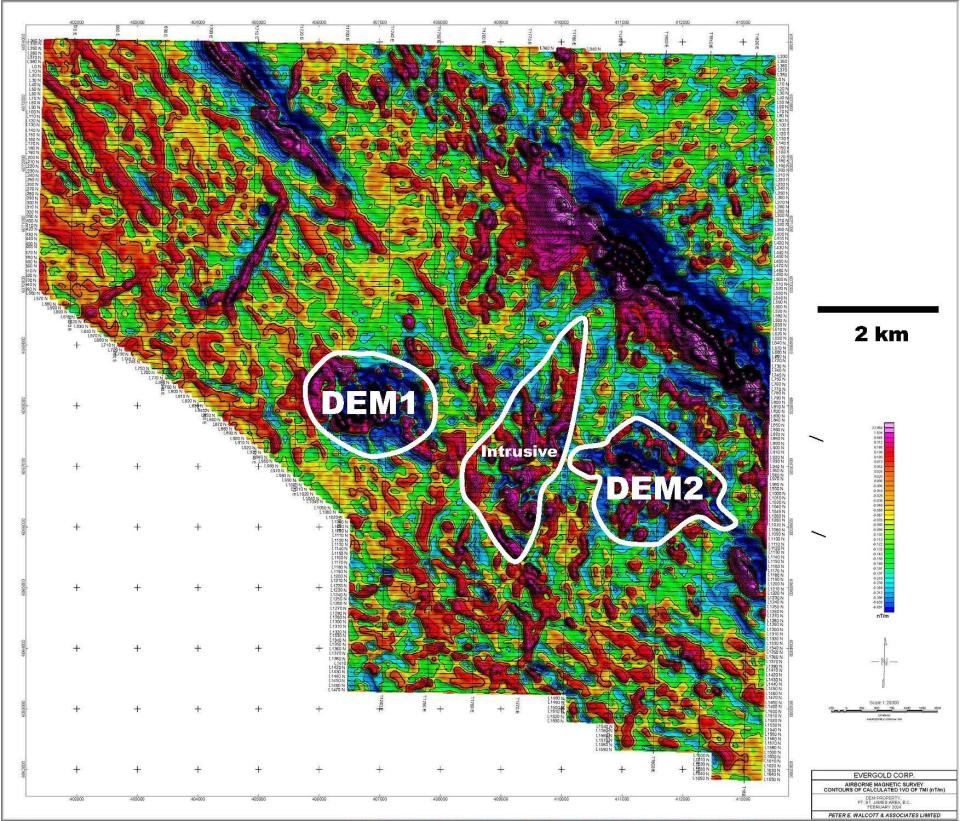 Figure 1 - Key Targets, DEM Property, February 2024 Heliborne Magnetic Survey