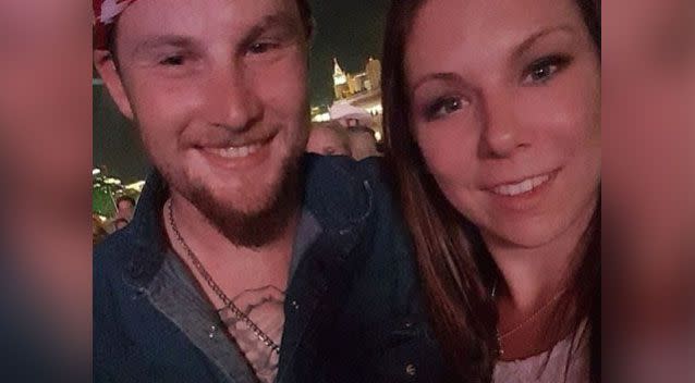 A woman has spoken about how she had to tell Jordan McIldoon's girlfriend Amber (both pictured) he had died in her arms in the Las Vegas shooting. Photo: Facebook