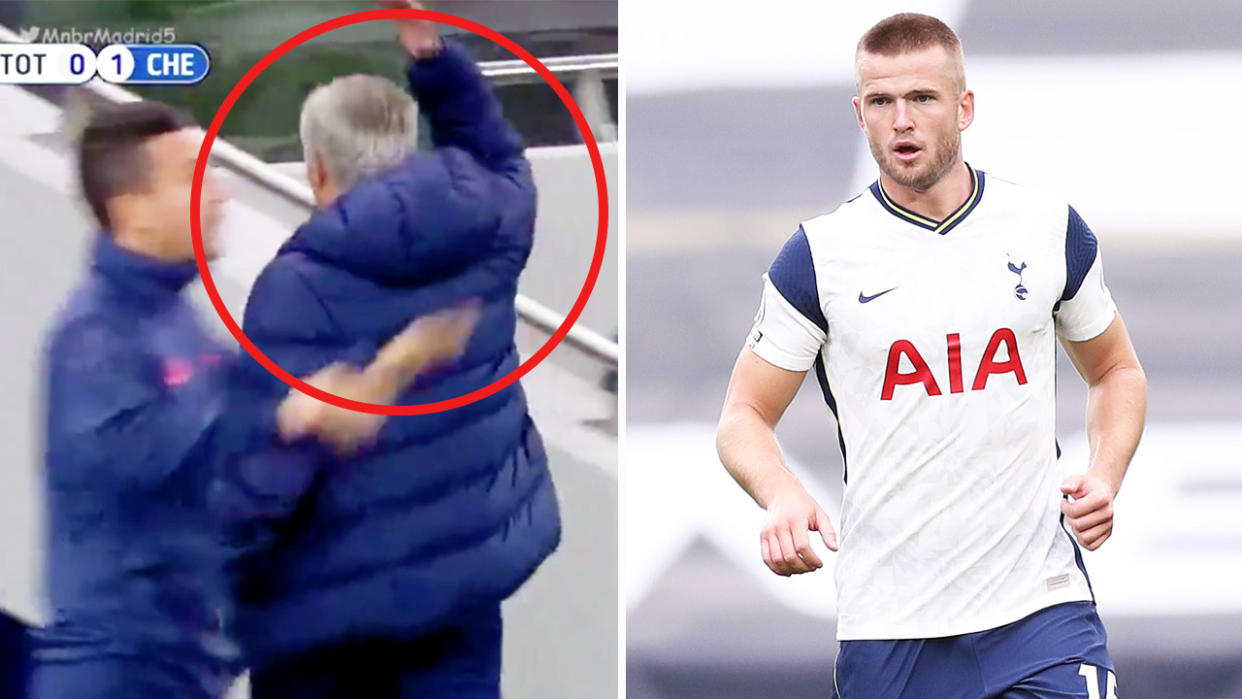 Jose Mourinho (pictured left) throwing his hands in the air and Eric Dier (pictured right) dribbling the ball.