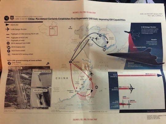 華盛頓郵報日前揭露美國國防機密檔案外洩事件，據傳此為其中一份文件，內容揭露中共解放軍發展「無偵-8」（WZ-8）超音速無人偵察機，近期幾乎確定即將部署第一個超音速無人機偵察部隊。讀者提供。