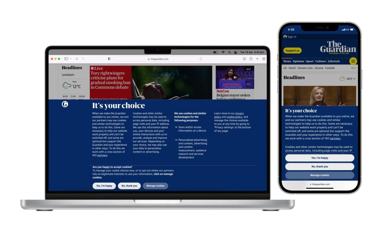 <span>The Guardian consent banner on mobile and desktop web</span><span>Composite: The Guardian</span>